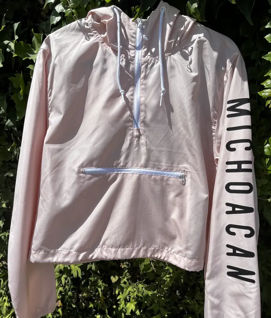 long shot of the customized pink color hoodie